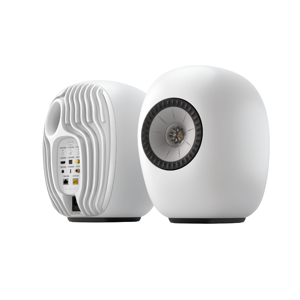 KEF LS Luxe Active Wireless Bookshelf Speaker pair in Mineral White, pair, angled, back and front shown