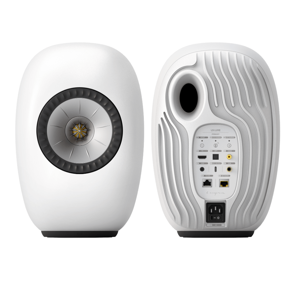 KEF LS Luxe Active Wireless Bookshelf Speaker pair in Mineral White, pair, front and back
