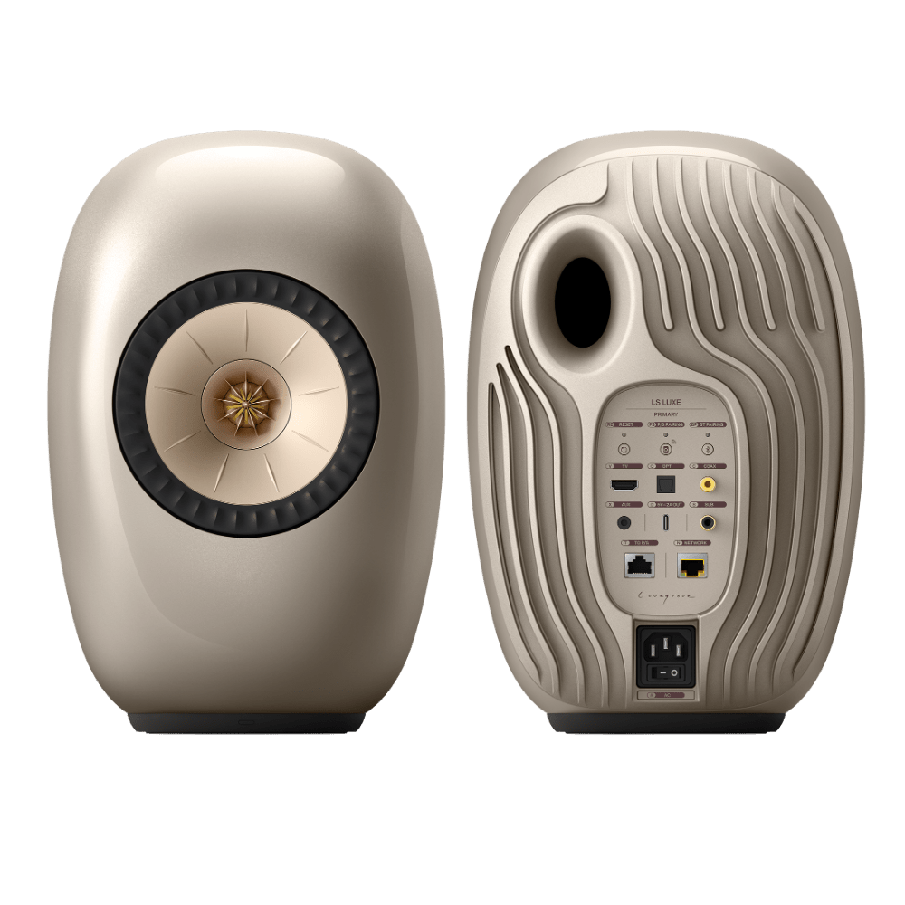 KEF LS Luxe Active Wireless Bookshelf Speaker pair in Dusk Titanium, front and back 