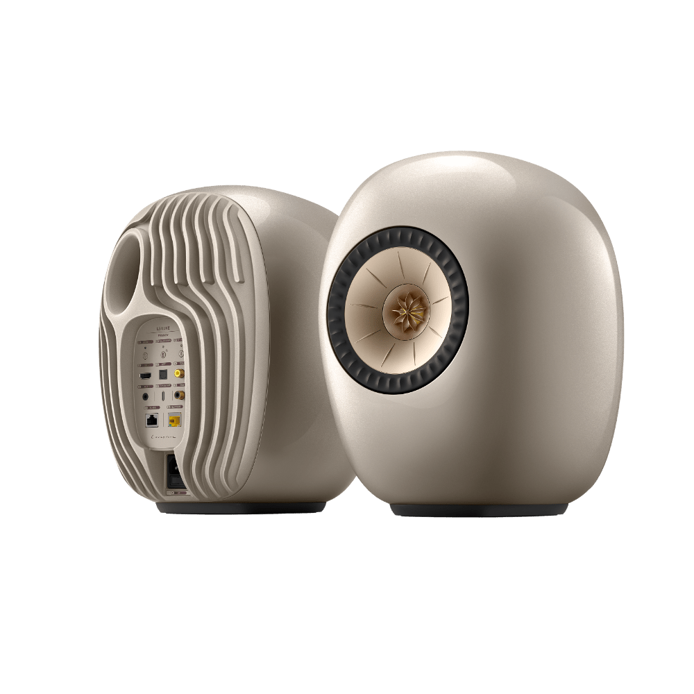 KEF LS Luxe Active Wireless Bookshelf Speaker pair in Dusk Titanium, angled, back and front shown 