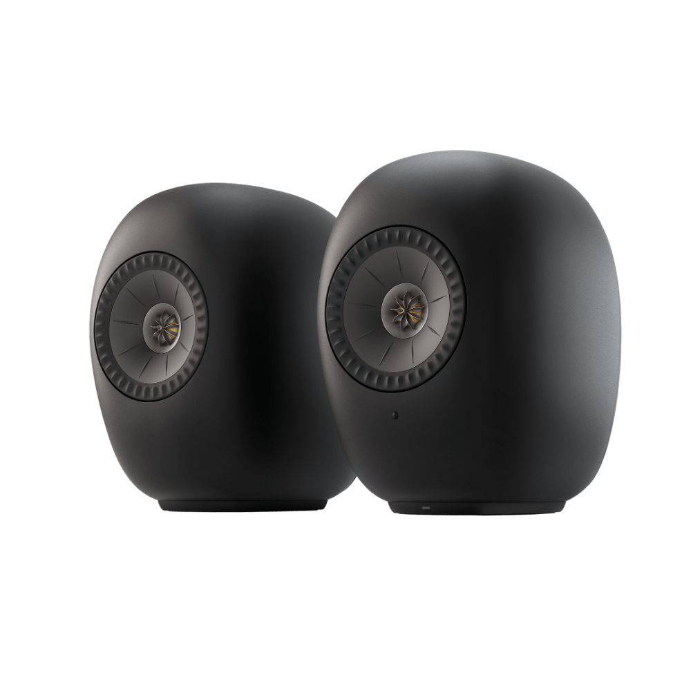 KEF LS Luxe Active Wireless Bookshelf Speaker pair in Eclipse Black, pair, angled view 