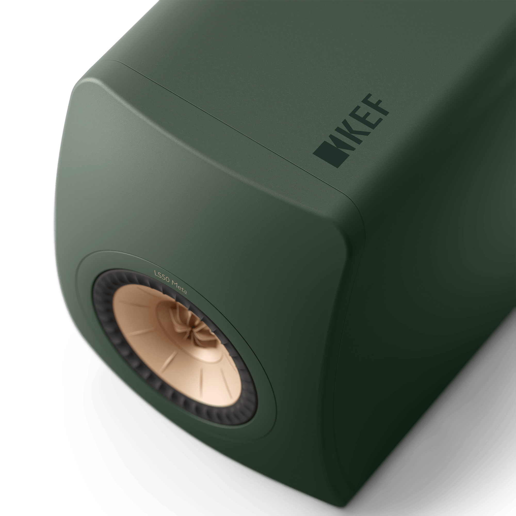 KEF LS50 Meta Passive Speakers in Moss Green, individual speaker, closeup