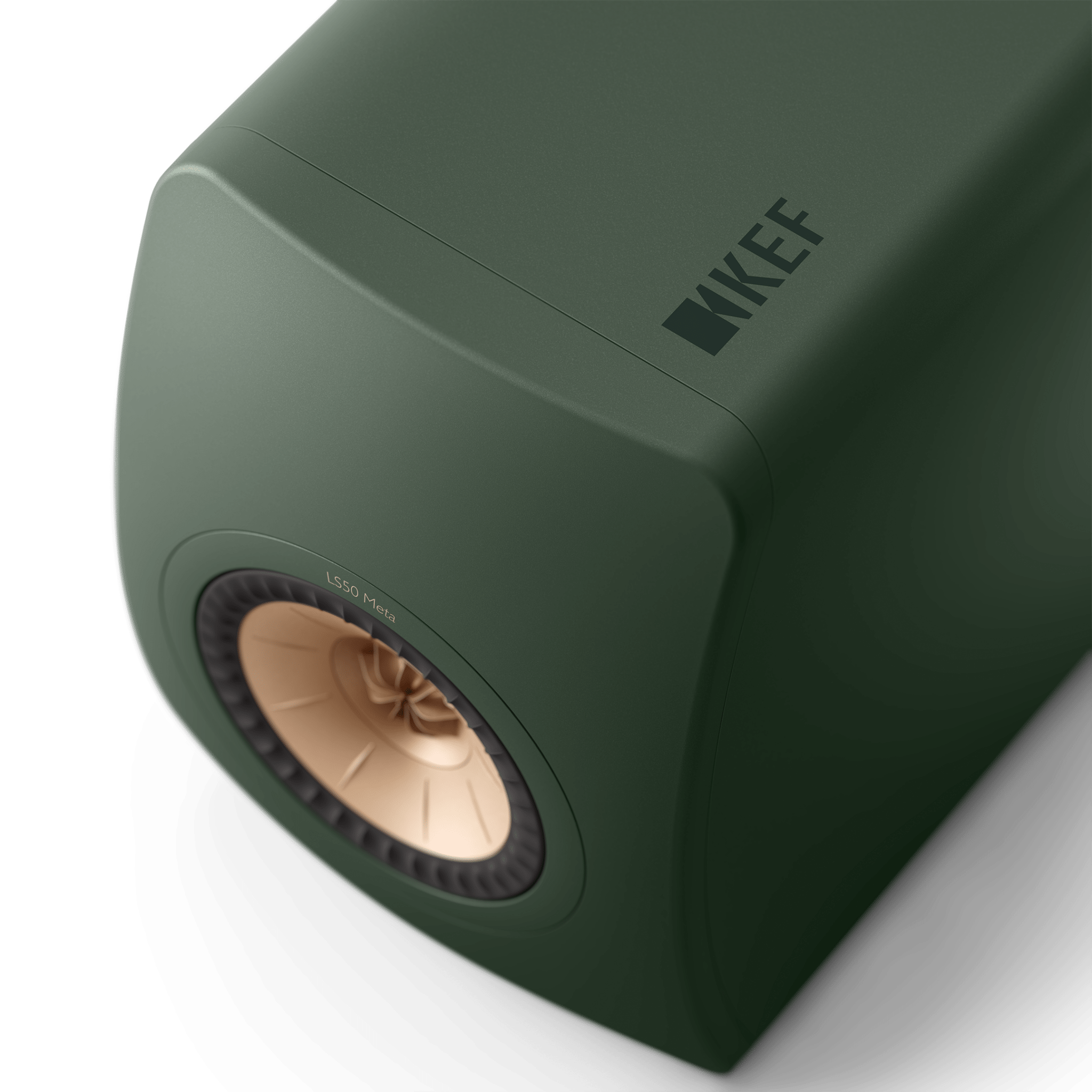 KEF LS50 Meta Passive Speakers in Moss Green, individual speaker, closeup