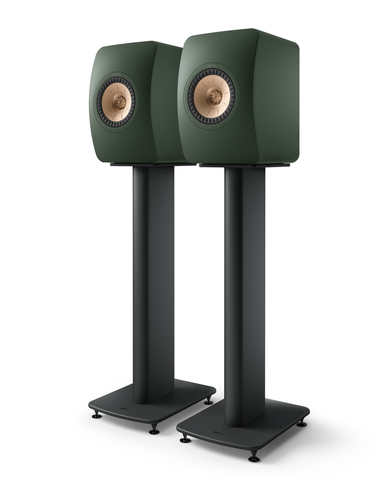 KEF LS50 Meta Passive Speakers in Moss Green, pair mounted on stands, sold separately 