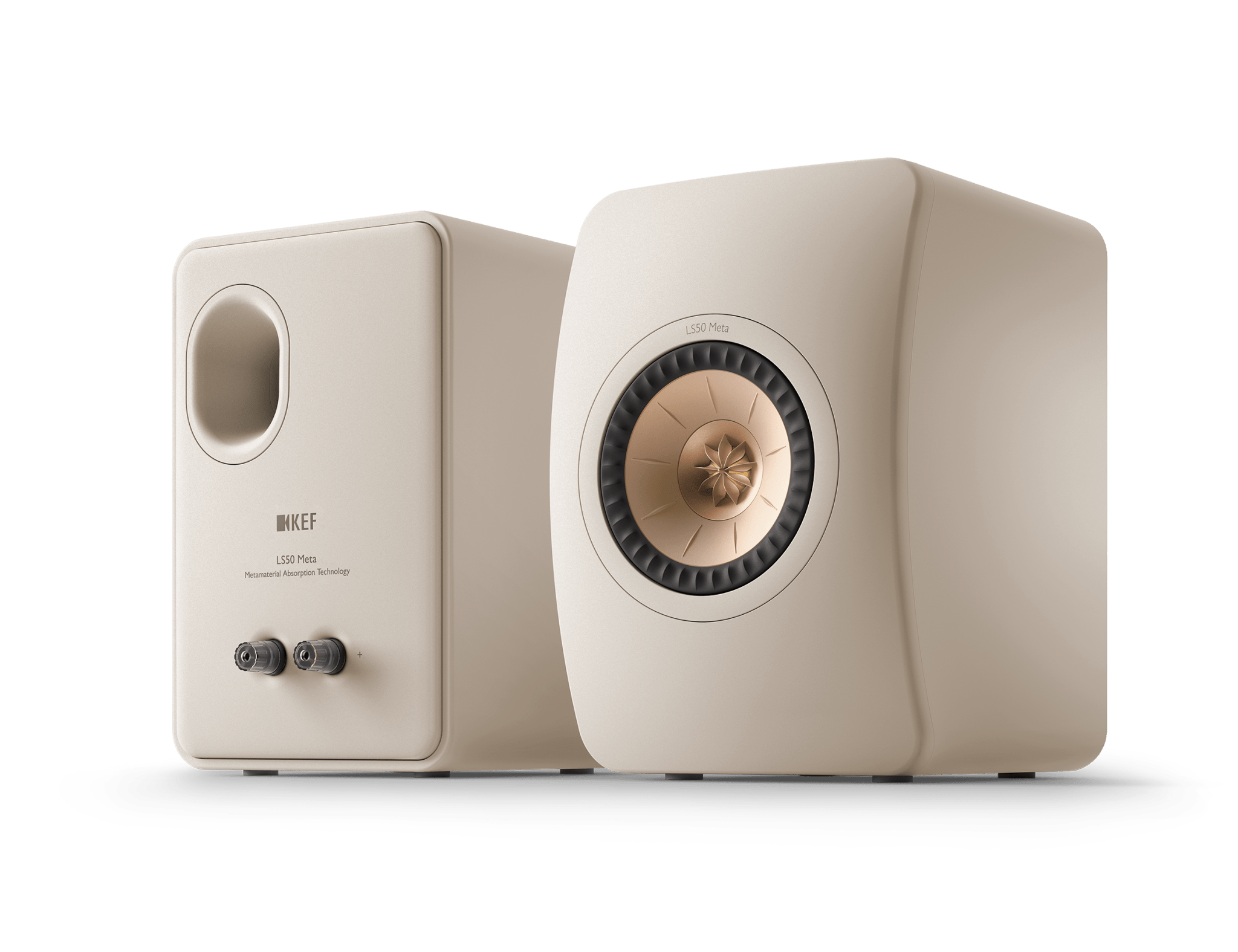 KEF LS50 Meta Passive Speakers in Sand Shell pair, front and back view