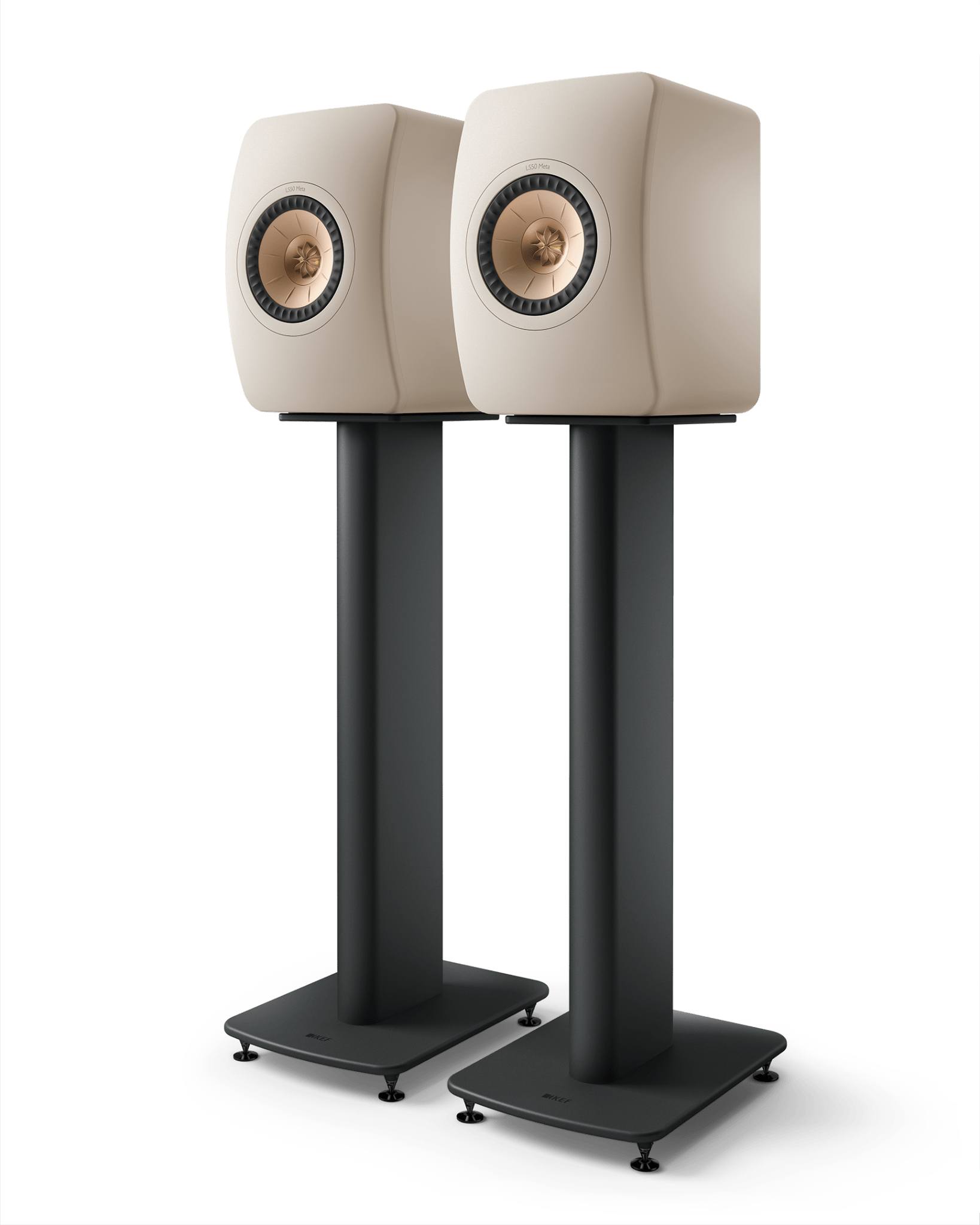 KEF LS50 Meta Passive Speakers in Sand Shell, mounted on stands (sold Separately)