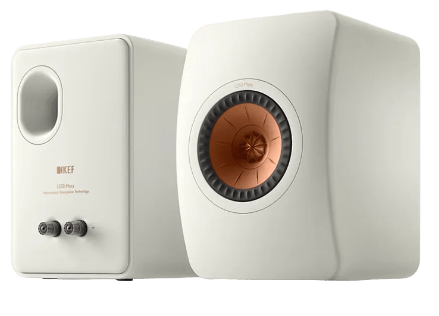 KEF LS50 meta passive speakers in white front and back image