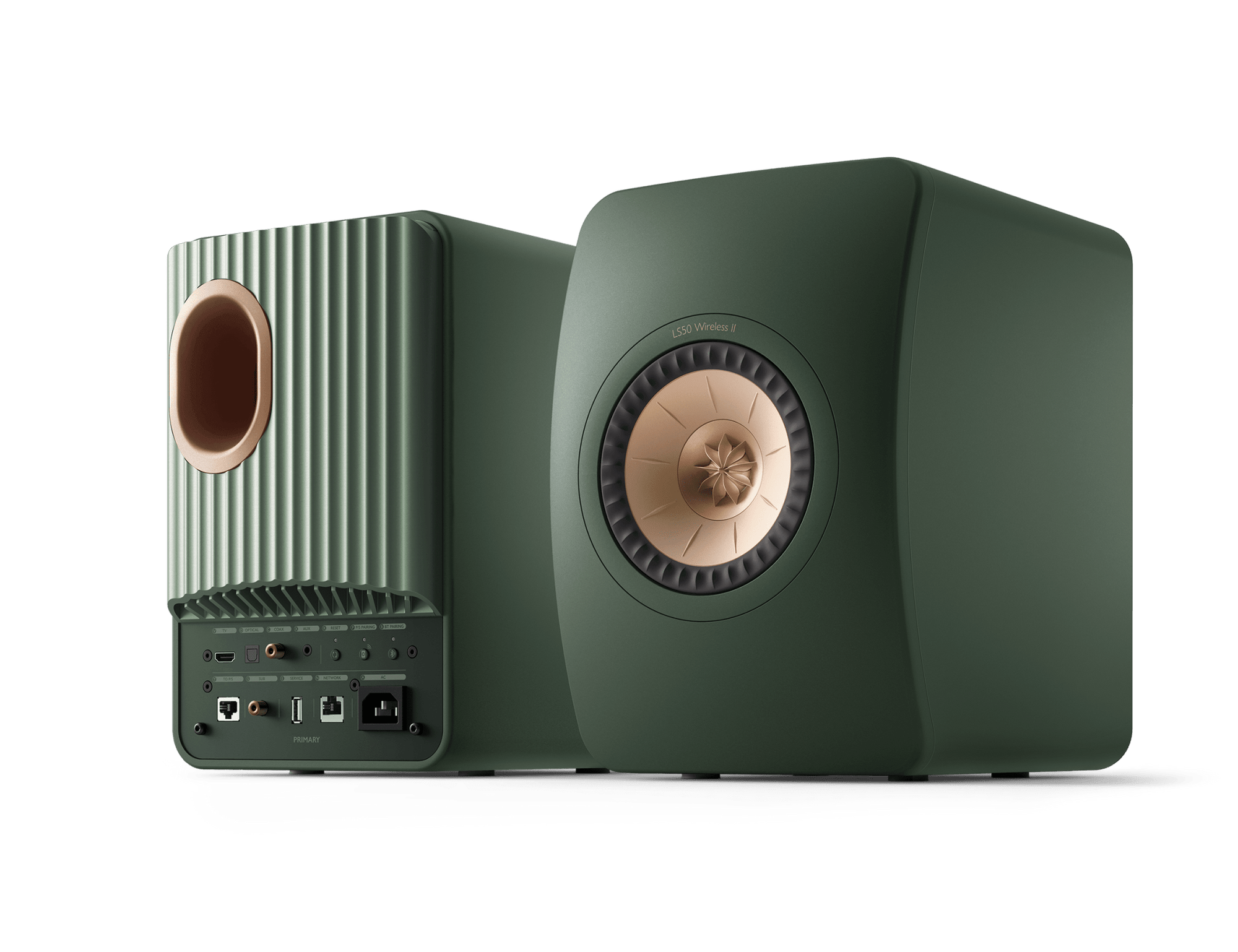 KEF LS50 Wireless II Speakers in Moss Green pair, back and front