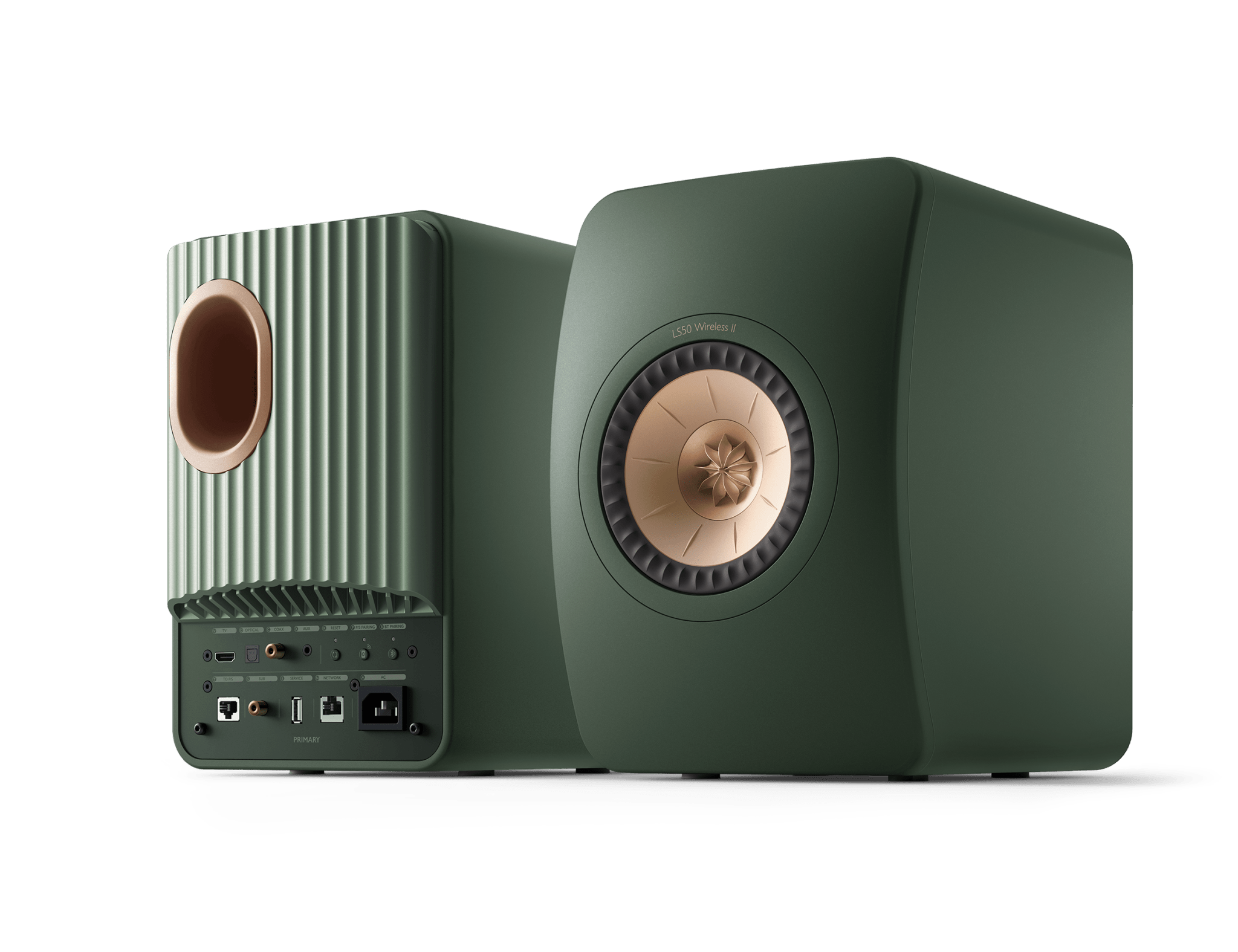 KEF LS50 Wireless II Speakers in Moss Green pair, back and front