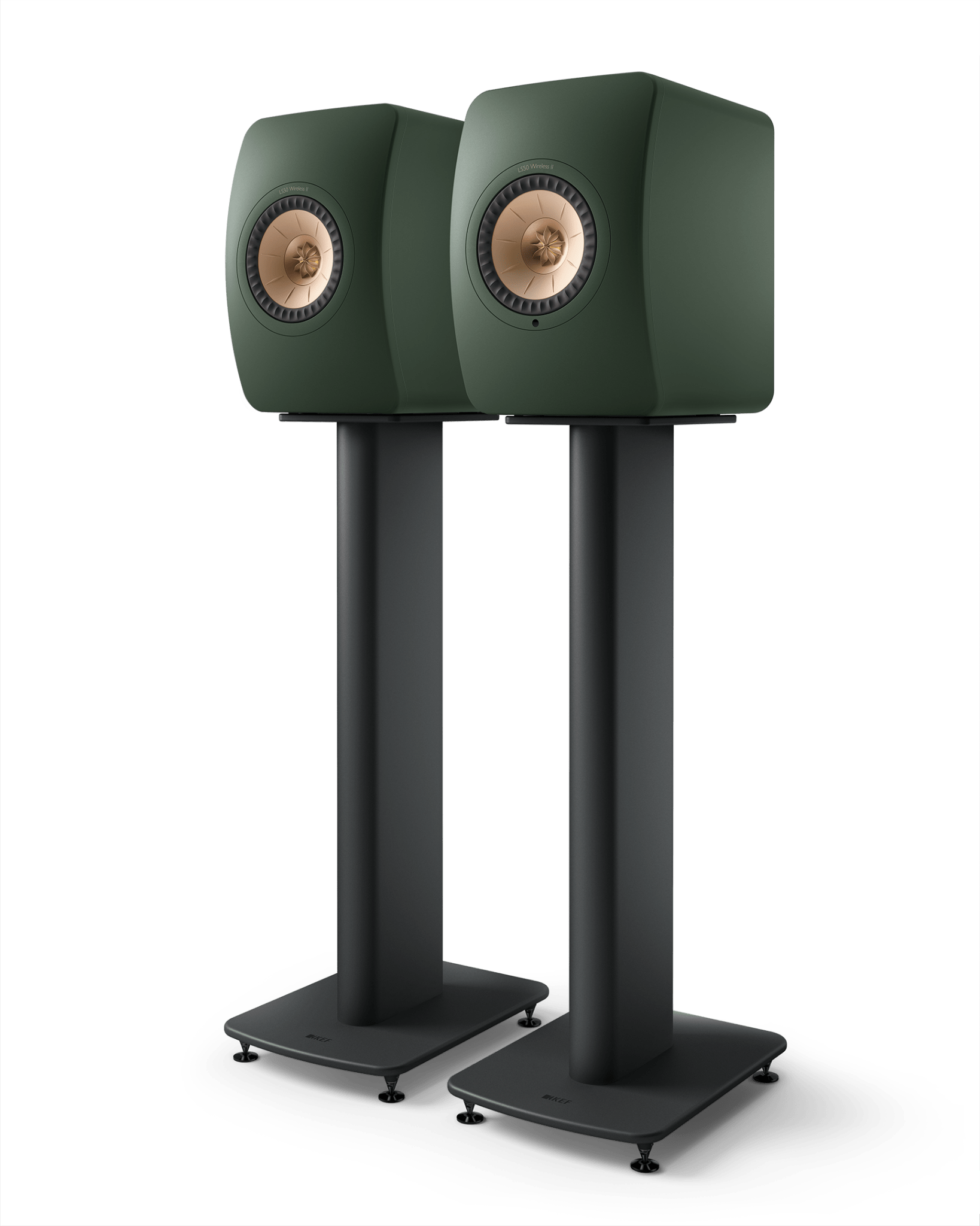 KEF LS50 Wireless II Speakers in Moss Green pair mounted on stands which are sold separately