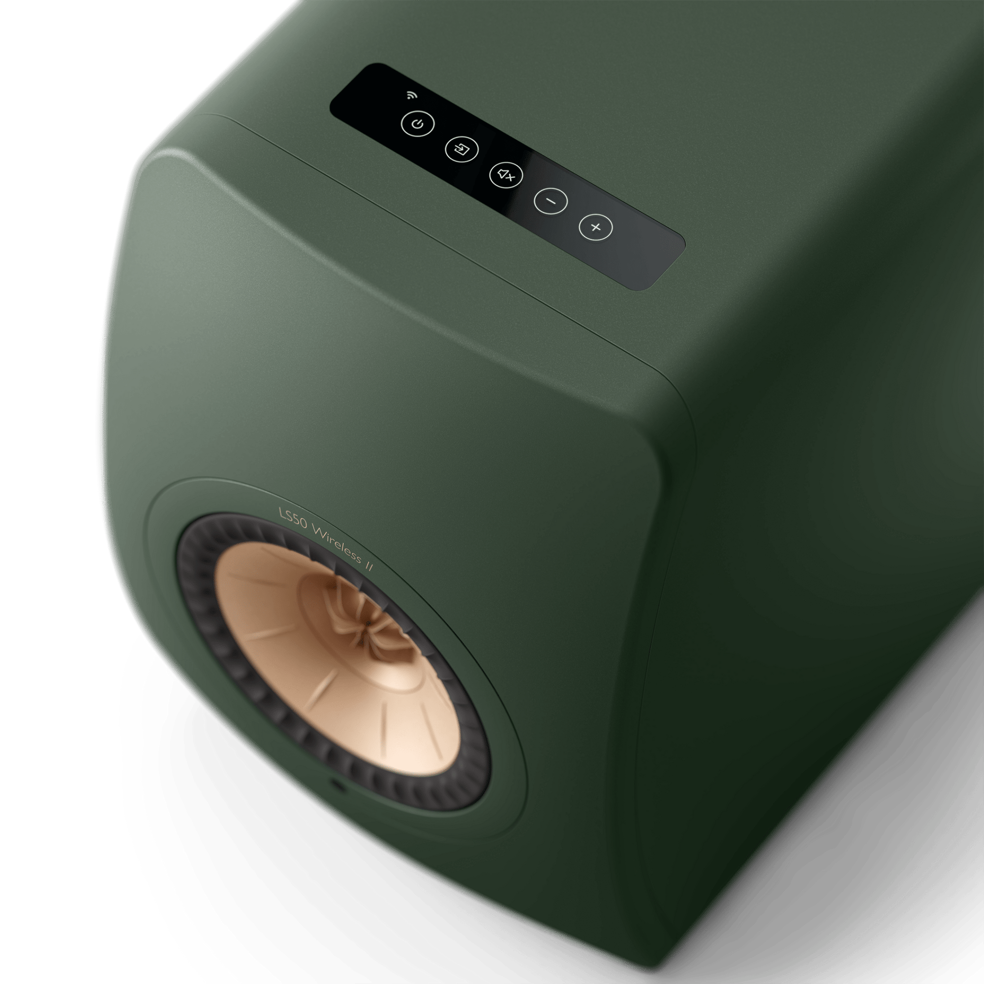 KEF LS50 Wireless II Speakers in Moss Green individual speaker, top controls