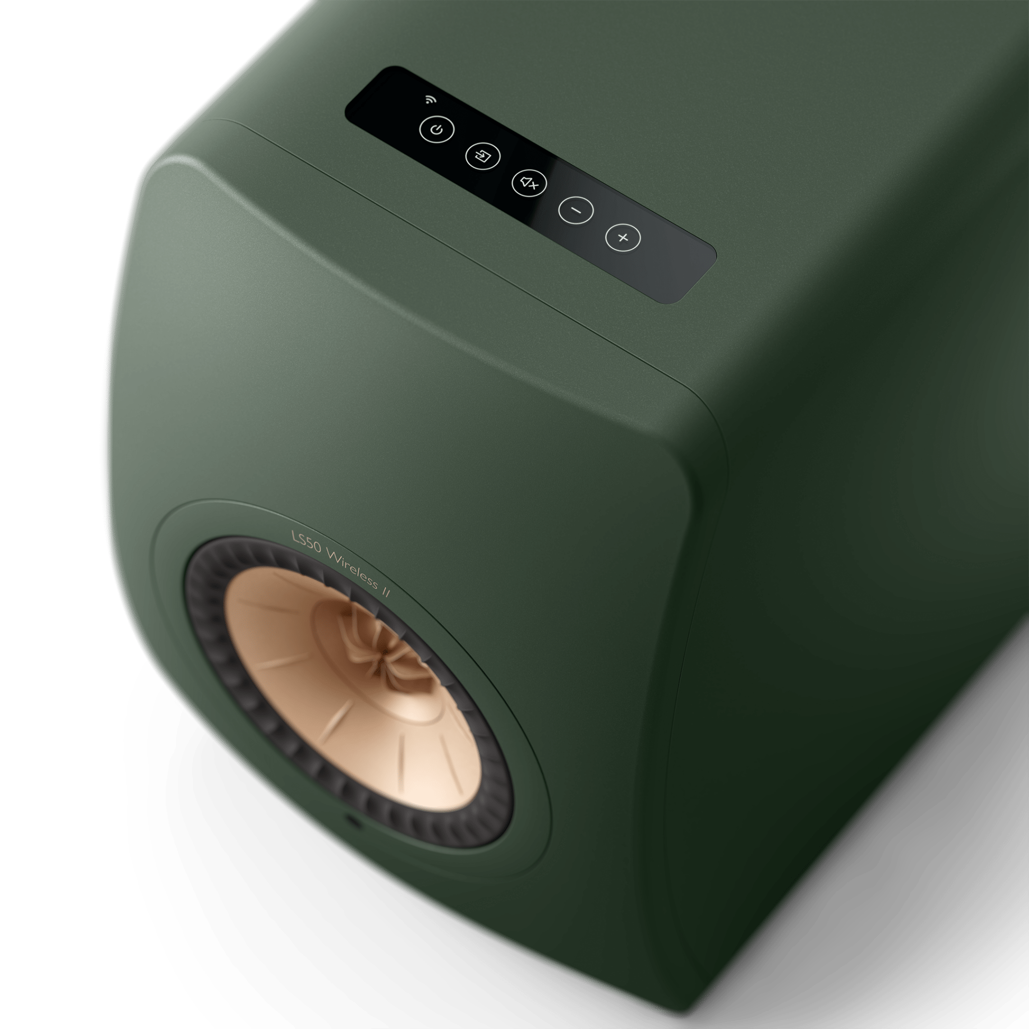 KEF LS50 Wireless II Speakers in Moss Green individual speaker, top controls