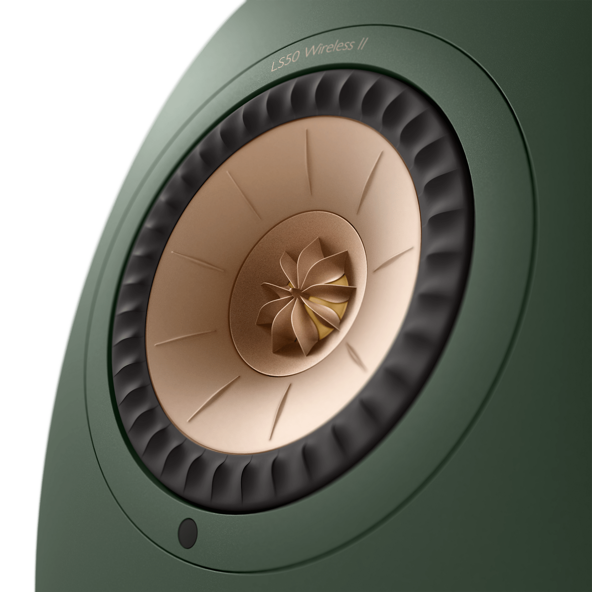 KEF LS50 Wireless II Speakers in Moss Green individual speaker, tweeter closeup