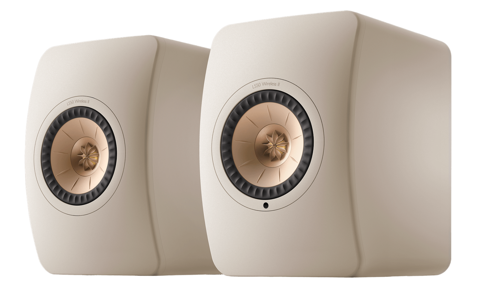 KEF LS50 Wireless II Speakers in Sand Shell pair, front