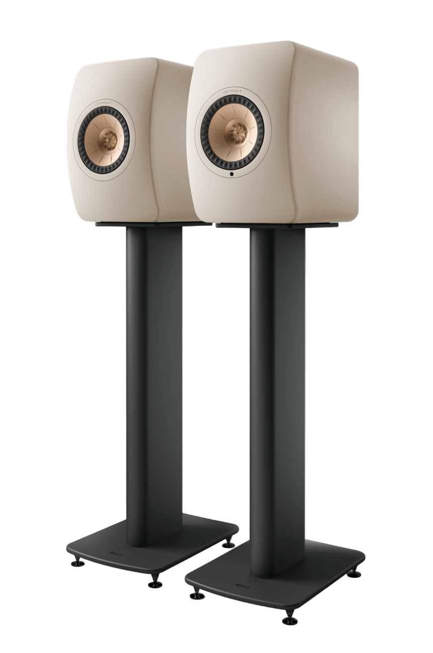 KEF LS50 Wireless II Speakers in Sand Shell pair, mounted on stands.  Sold separately 