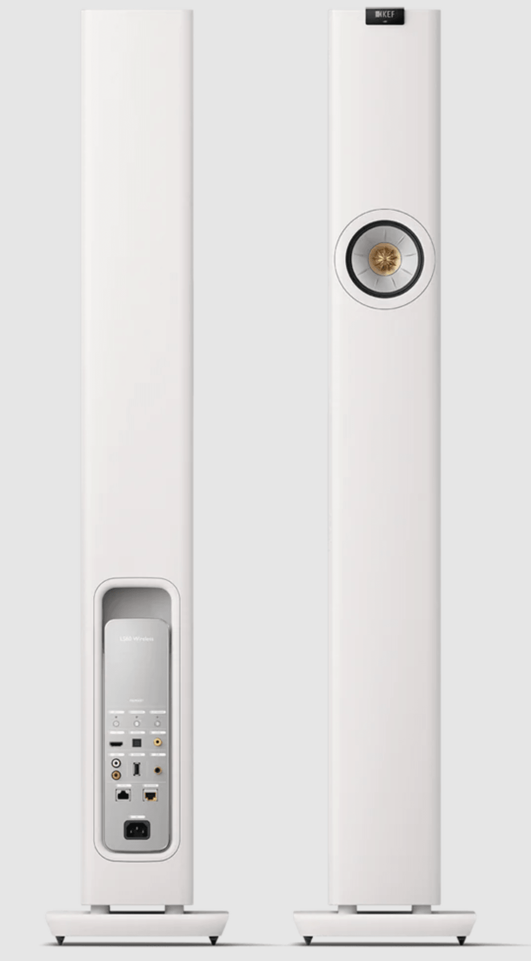 KEF LS60 Wireless Floorstanding Speakers Speakers in Mineral White. Front and back