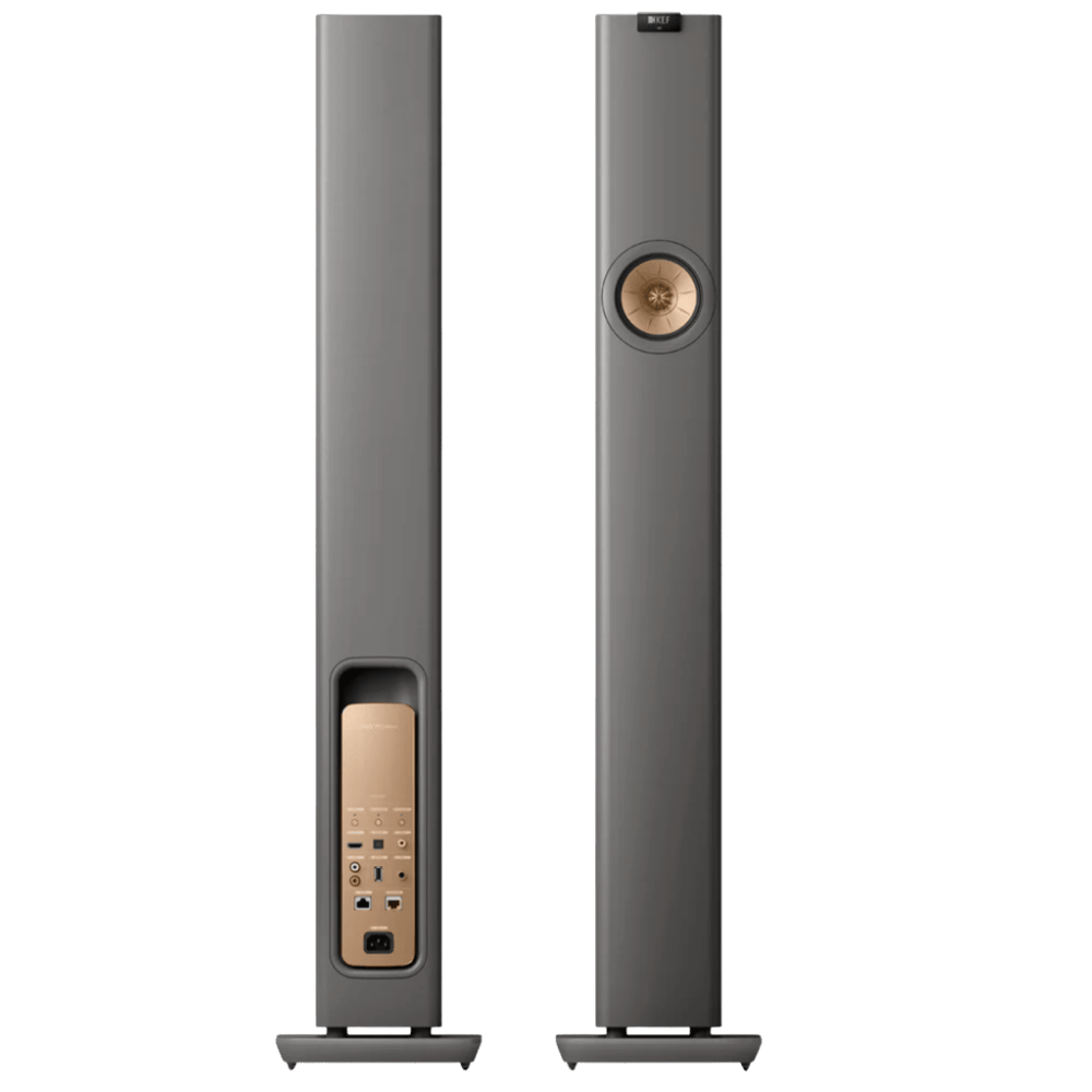 KEF LS60 Wireless Floorstanding Speakers Speakers in Titanium Grey. Back and front of speakers
