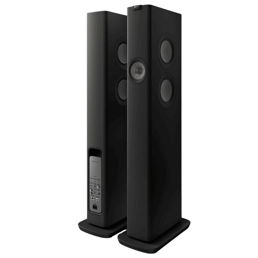 KEF LS60 Wireless Floorstanding Speakers Speakers in Carbon Black. Back and front of speakers