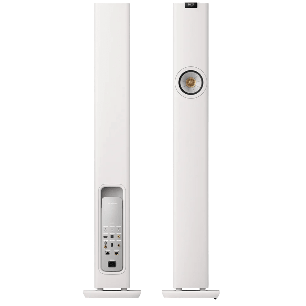 KEF LS60 Wireless Floorstanding Speakers Speakers in Mineral White. Back and Front of speakers