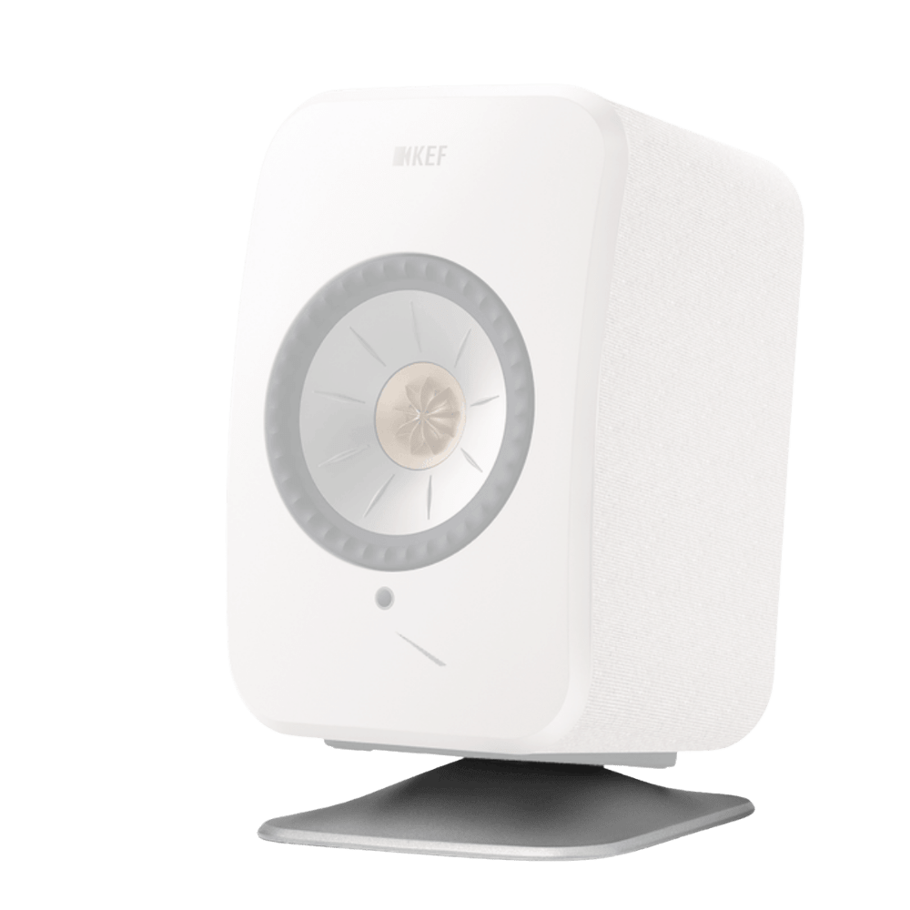 KEF LSX II LT Wireless Bookshelf Speakers + P1 Desk Pads EOFY Promotion. Image of  individual speaker with Silver Desk Pad