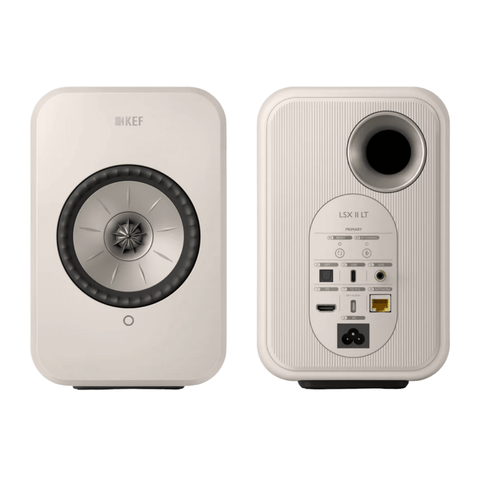 KEF LSX II LT Wireless Bookshelf Speakers in Stone White , front and back + P1 Desk Pads EOFY Promotion