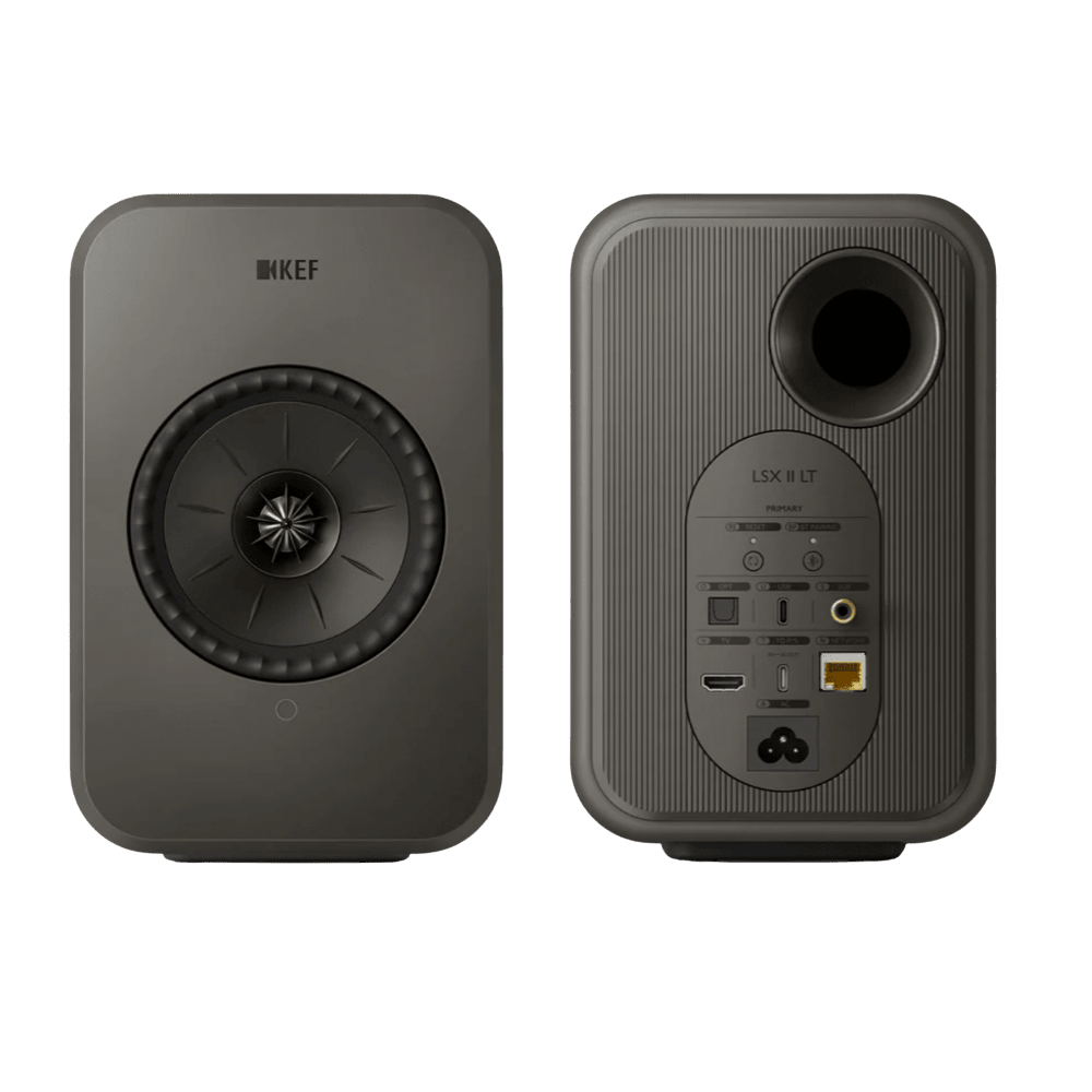 KEF LSX II LT Wireless Bookshelf Speakers in Graphite Grey, front and back + P1 Desk Pads EOFY Promotion