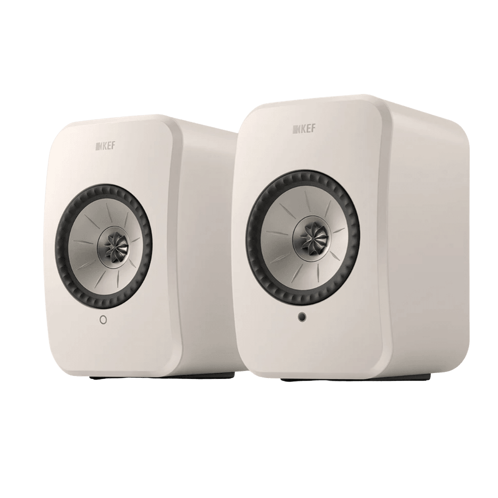KEF LSX II LT Wireless Bookshelf Speakers in Stone White + P1 Desk Pads EOFY Promotion