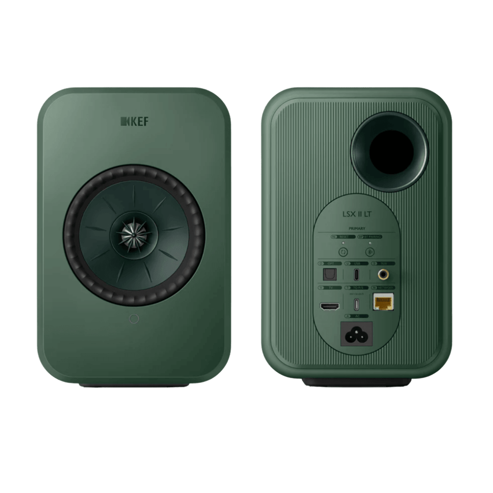 KEF LSX II LT Wireless Bookshelf Speakers in Sage Green front and back + P1 Desk Pads EOFY Promotion