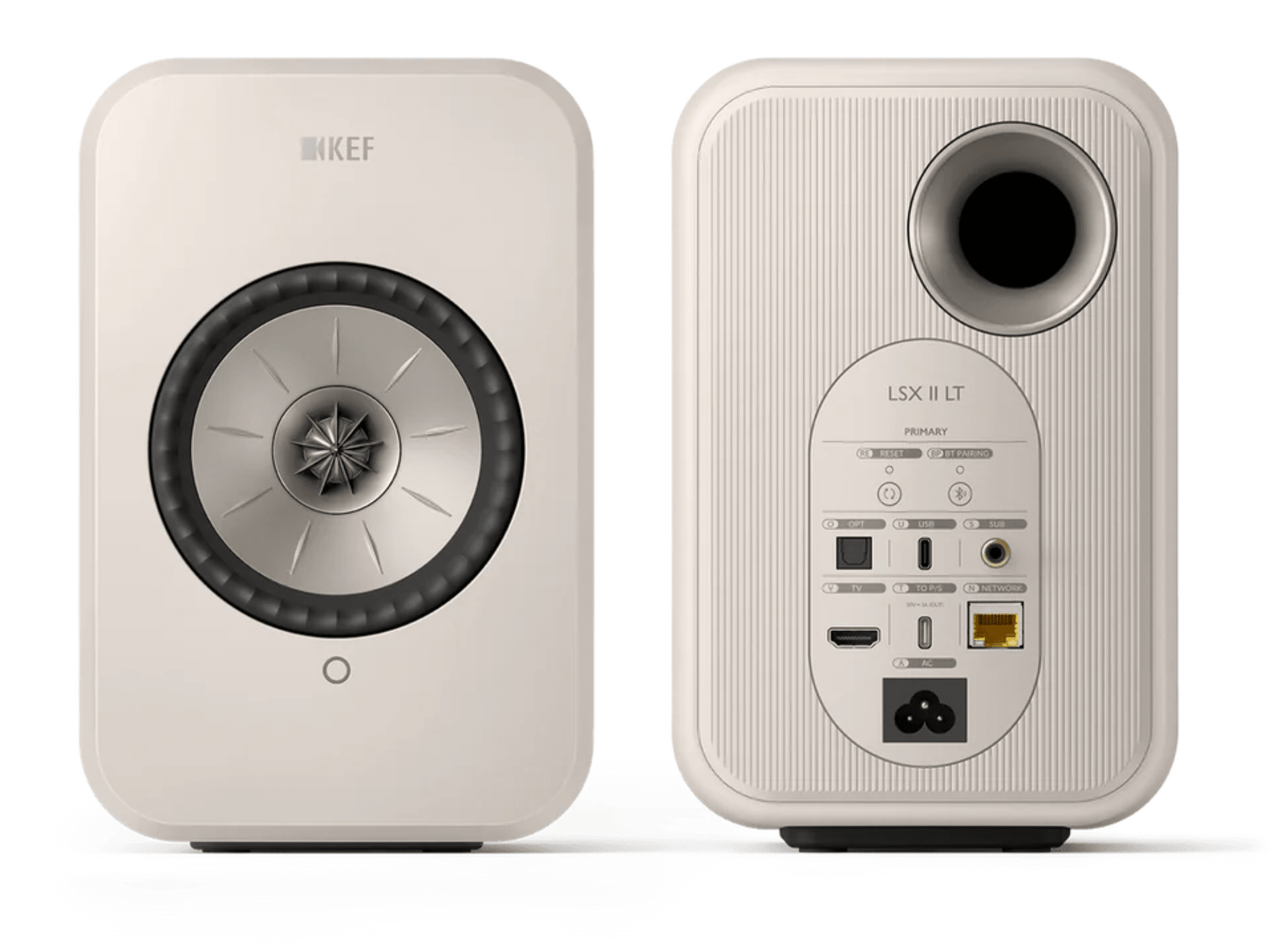 KEF LSX II LT Wireless Bookshelf Speakers  in Stone White. Front and back