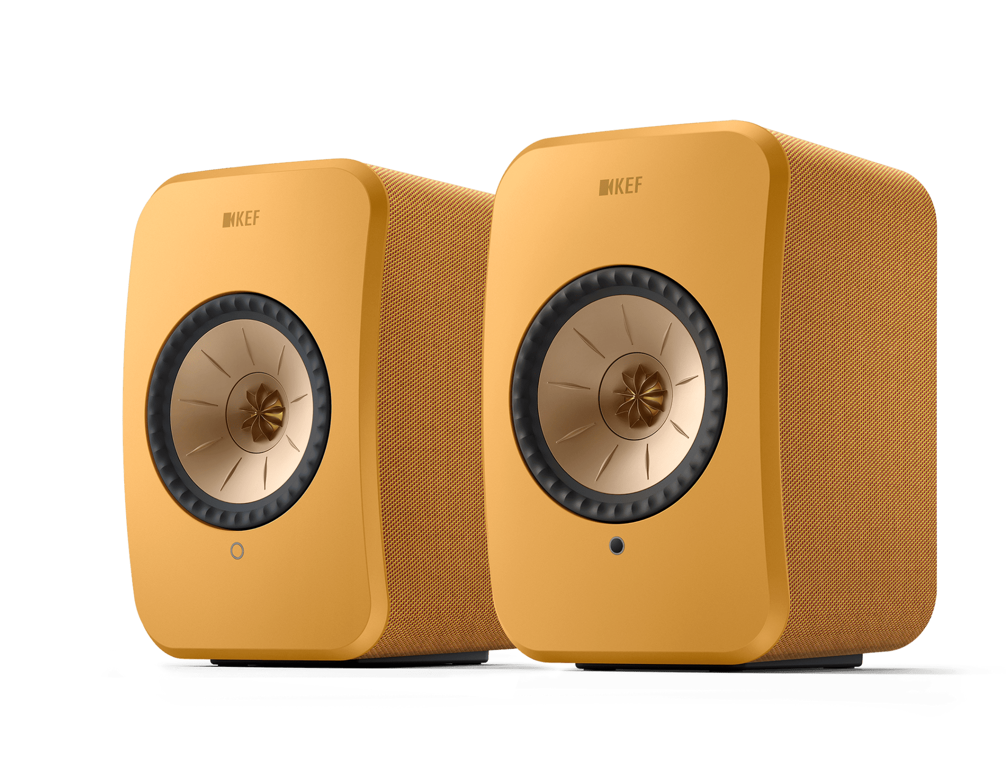 KEF LSX II Wireless Powered Bookshelf Speakers in Amber Haze. Front, angled 