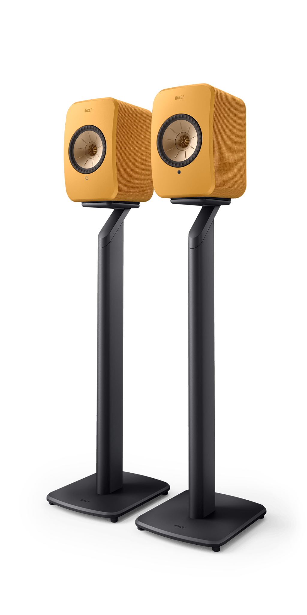 KEF LSX II Wireless Powered Bookshelf Speakers in Amber Haze. On stands, sold separately
