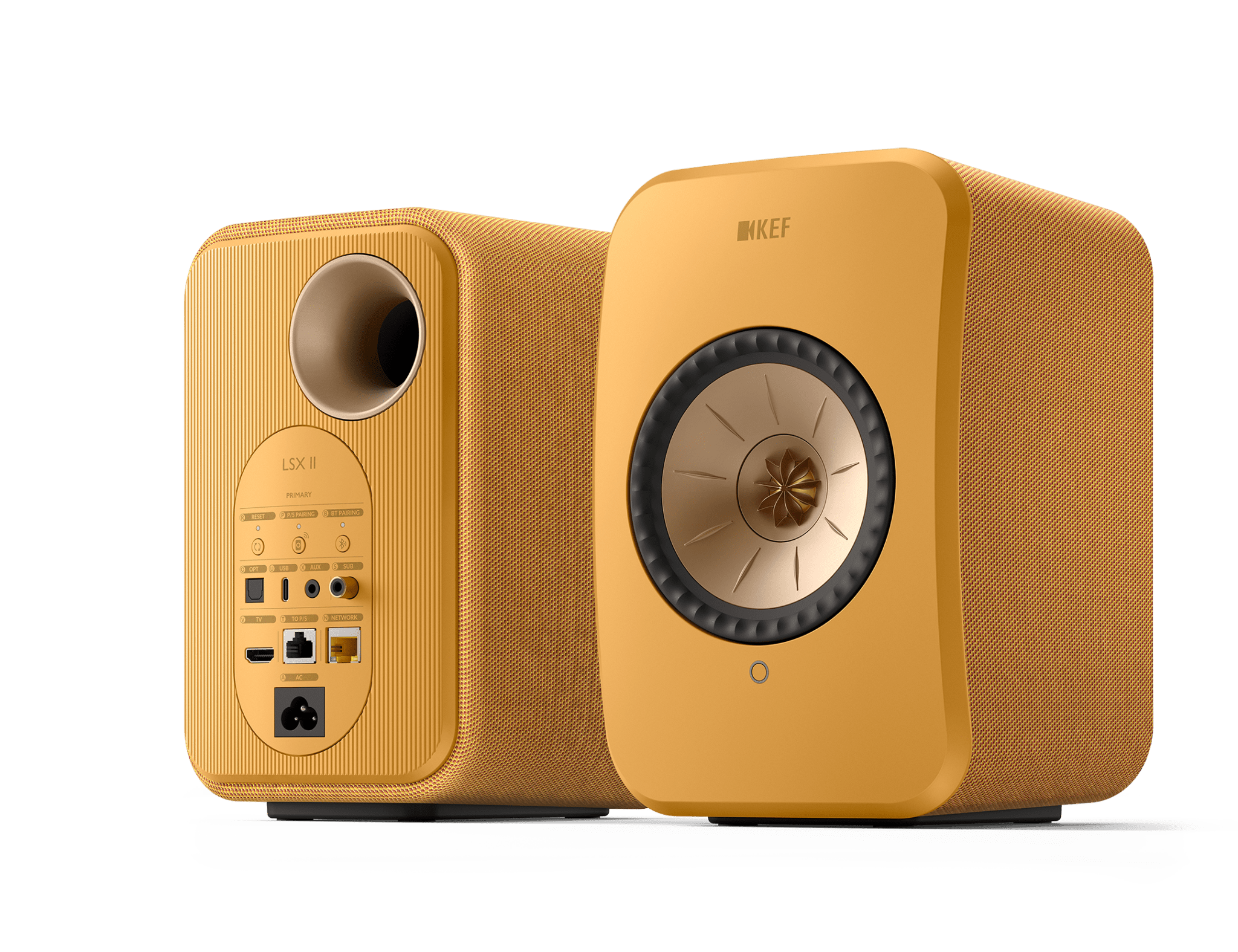 KEF LSX II Wireless Powered Bookshelf Speakers in Amber Haze. Back and Front, angled 