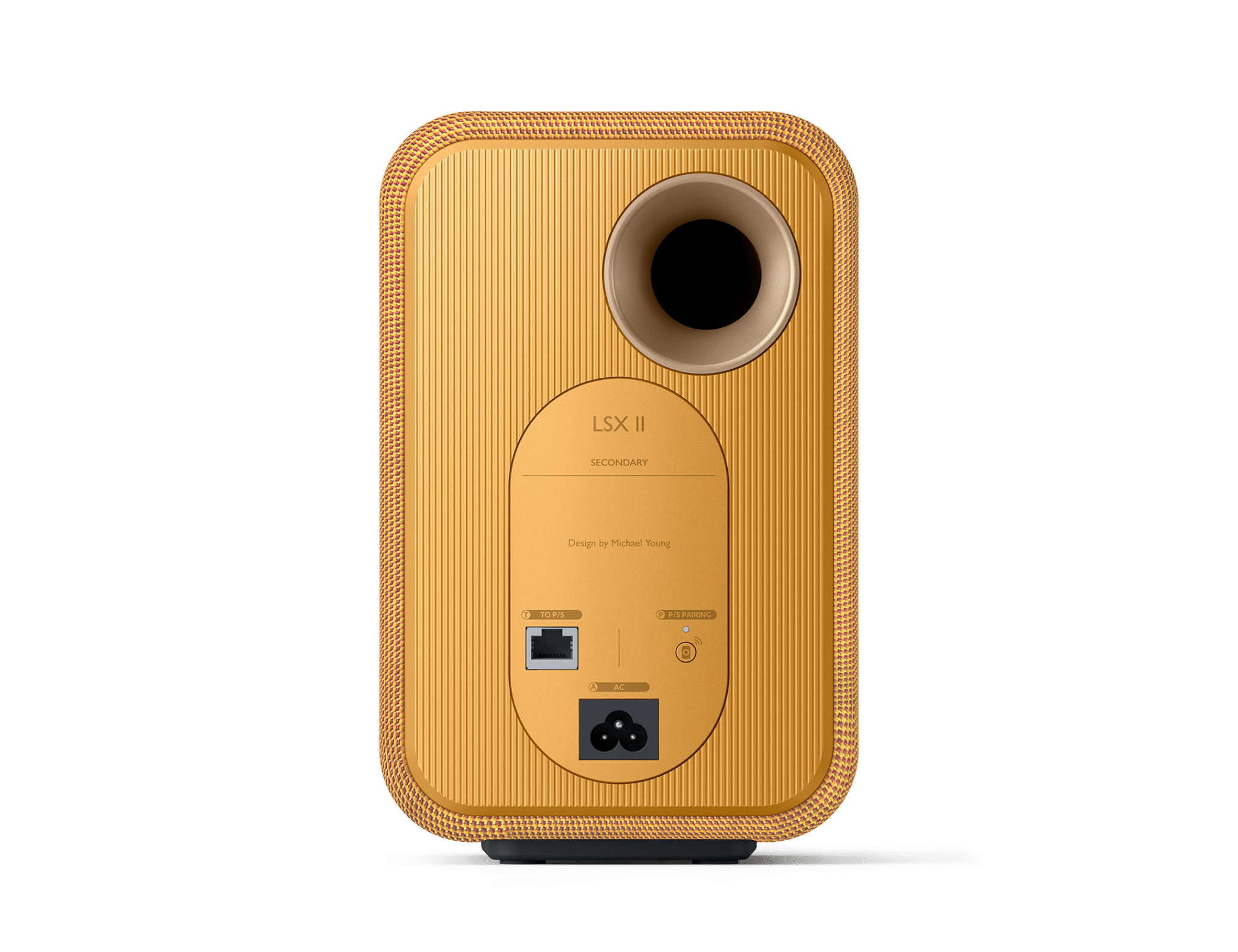 KEF LSX II Wireless Powered Bookshelf Speakers in Amber Haze. Back of individual speaker