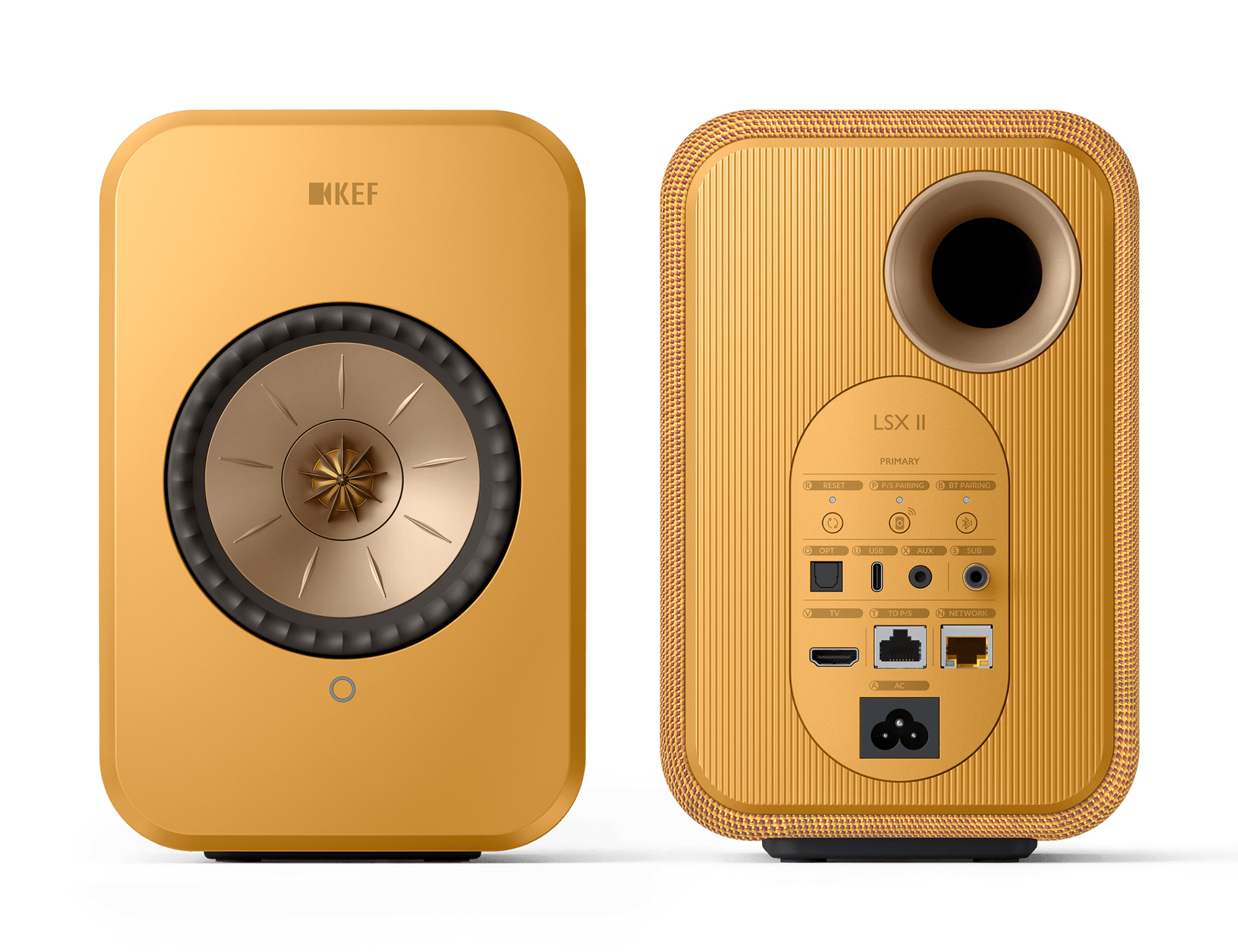 KEF LSX II Wireless Powered Bookshelf Speakers in Amber Haze. Front and back 
