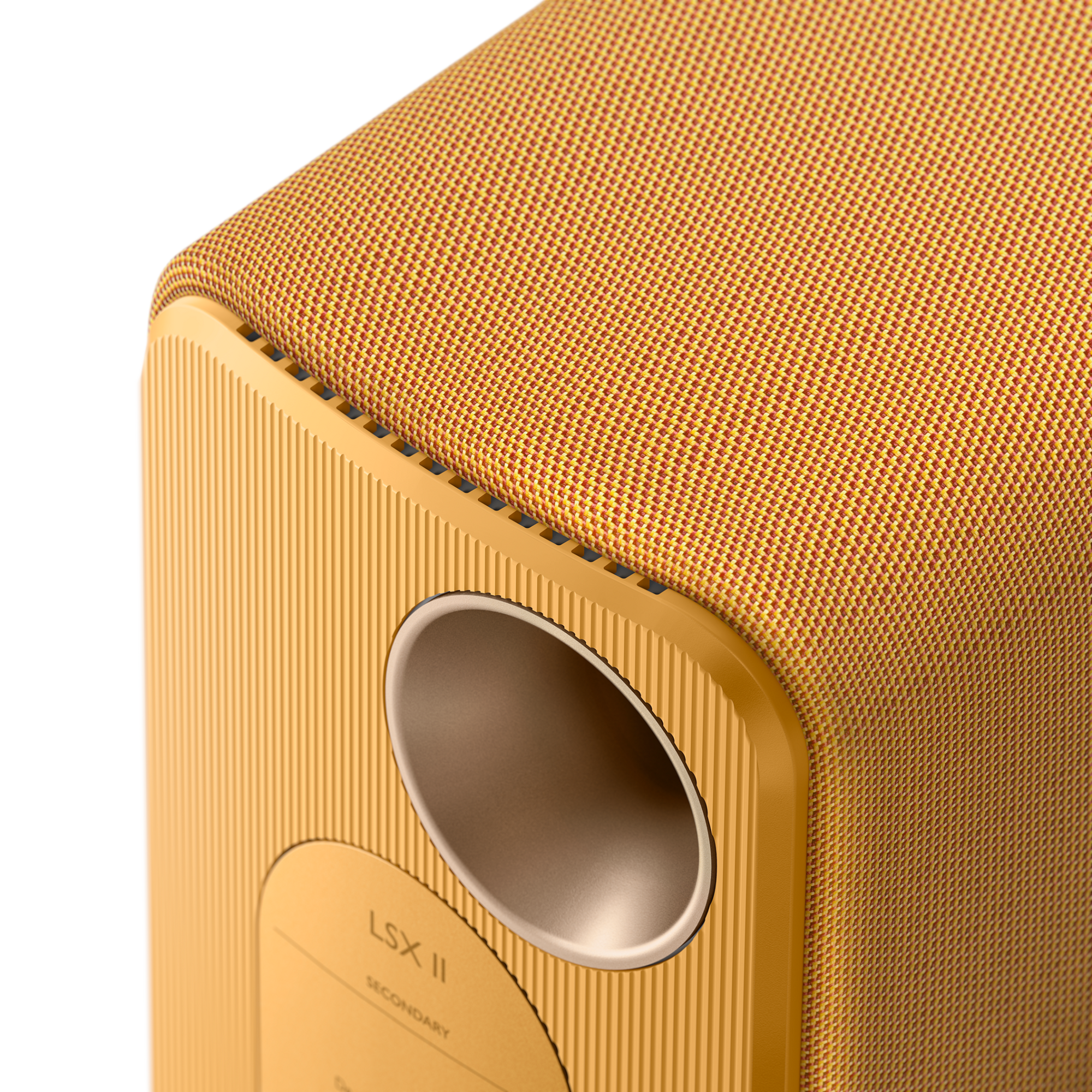 KEF LSX II Wireless Powered Bookshelf Speakers in Amber Haze. Back detail closeup