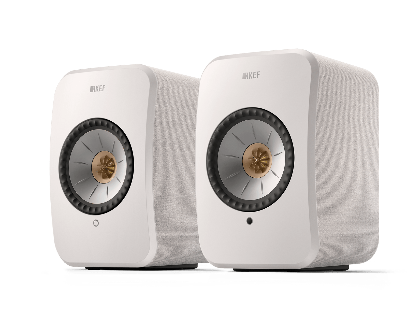 KEF LSX II Wireless Powered Bookshelf Speakers in Cotton White. Front, angled