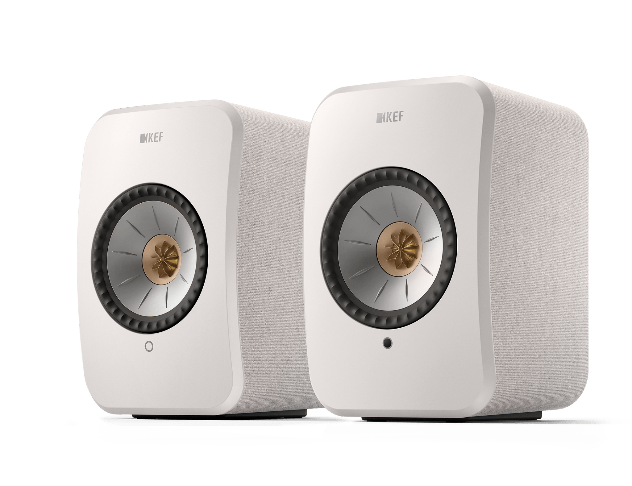 KEF LSX II Wireless Powered Bookshelf Speakers in Cotton White. Front, angled