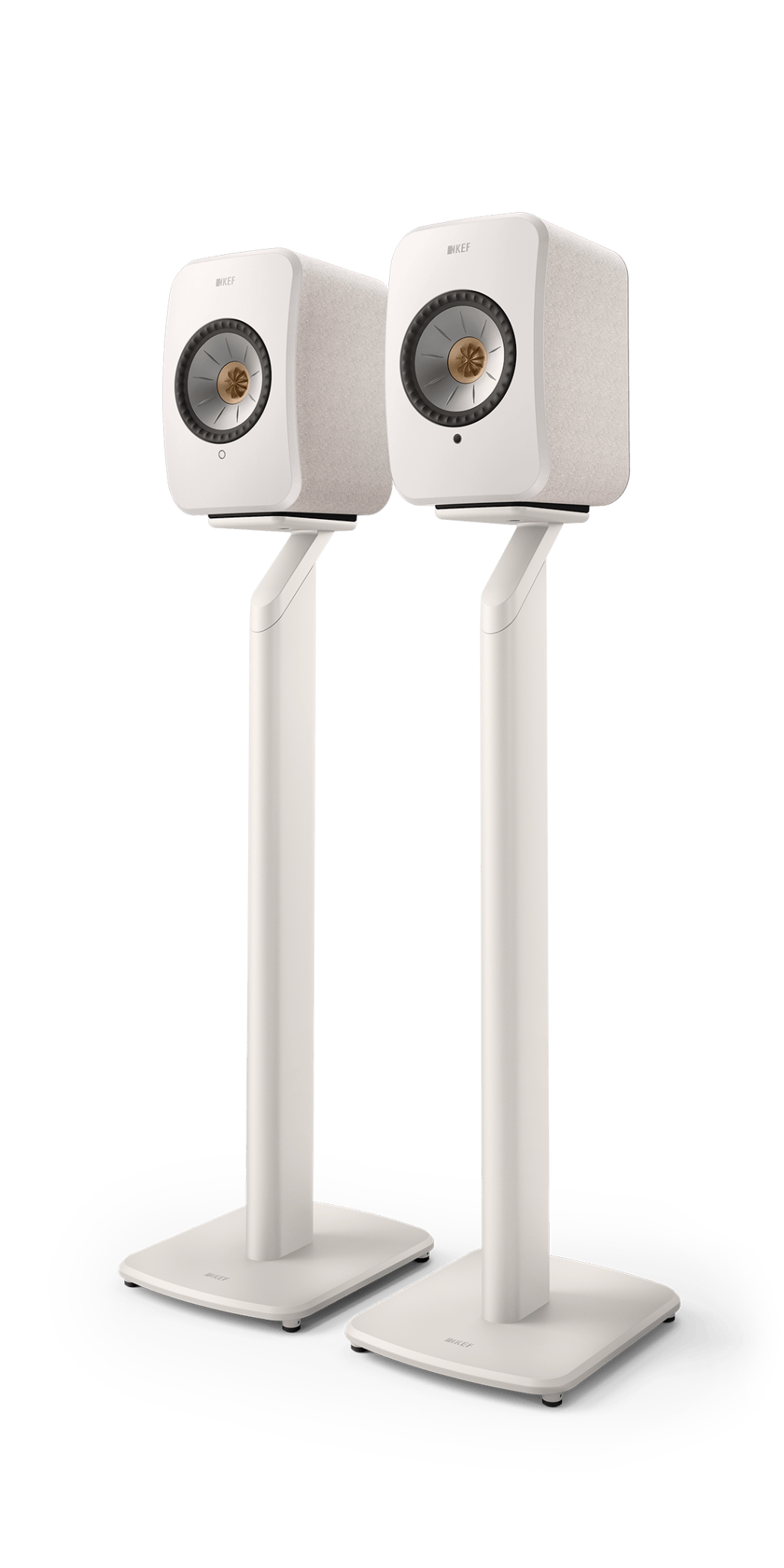 KEF LSX II Wireless Powered Bookshelf Speakers in Cotton White, on stands - sold  separately 