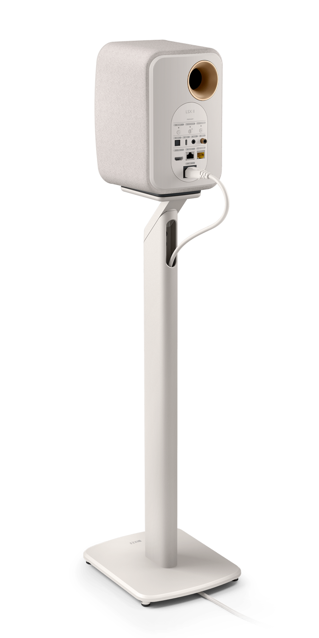 KEF LSX II Wireless Powered Bookshelf Speakers in Cotton White. on stand which is sold separately