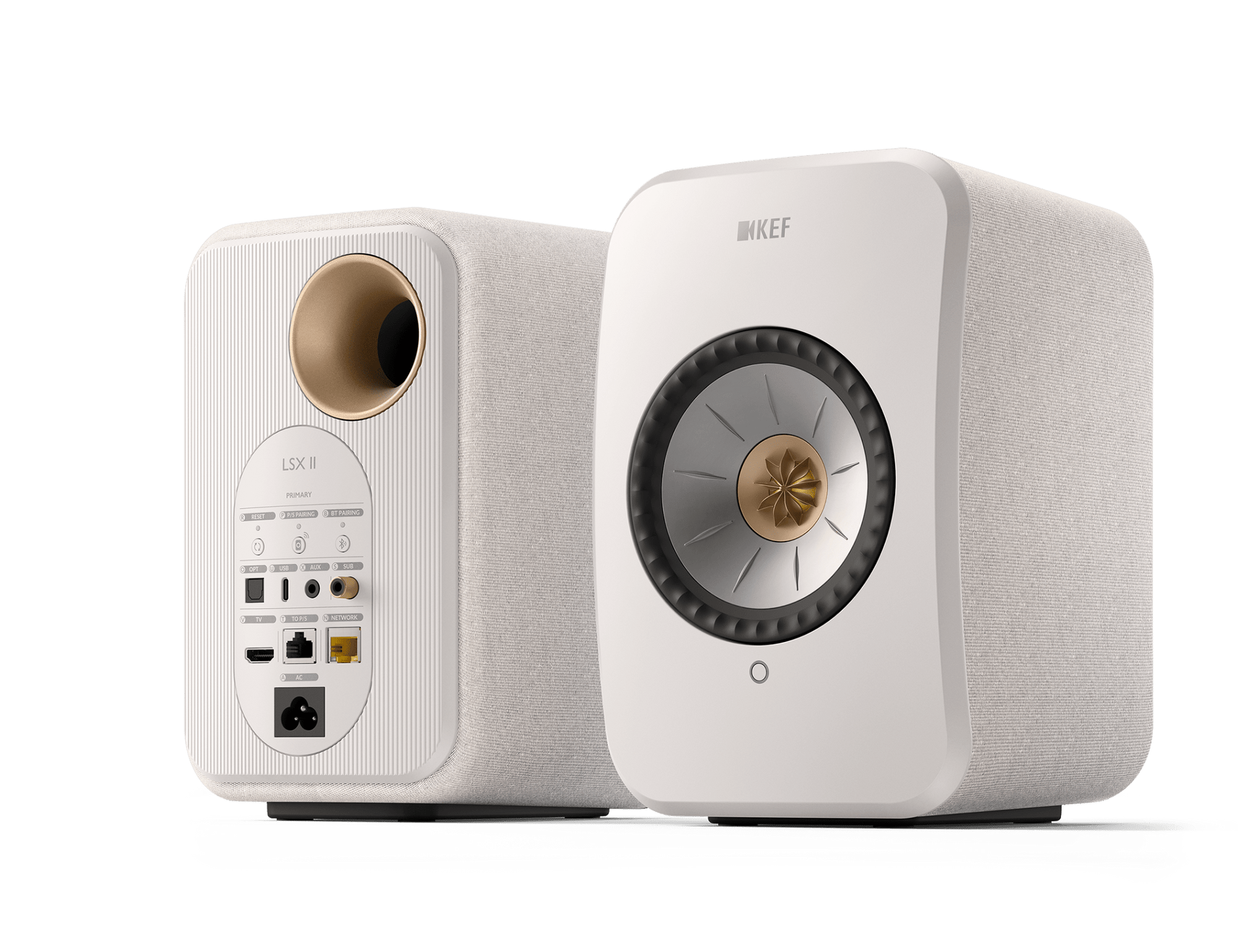 KEF LSX II Wireless Powered Bookshelf Speakers in Cotton White. Back and Front, angled