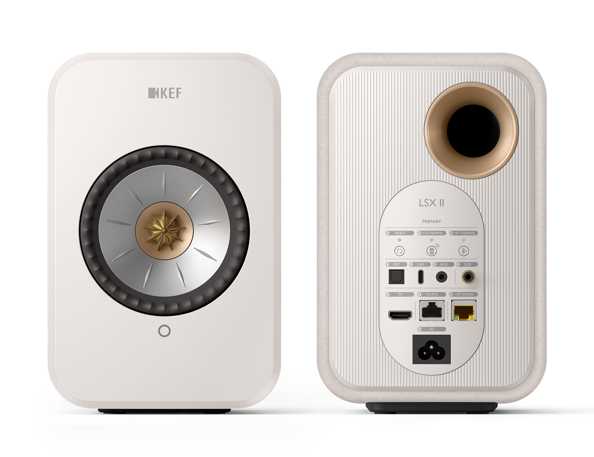 KEF LSX II Wireless Powered Bookshelf Speakers in Cotton White. Front and back