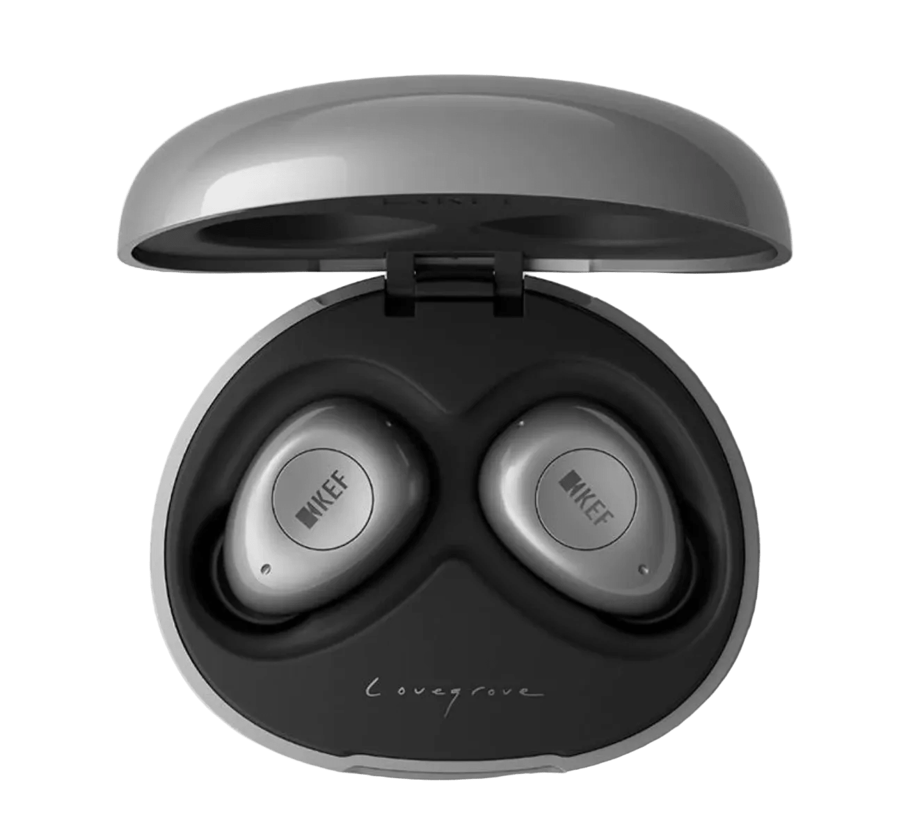 KEF Mu3 Noise Cancelling True Wireless Earbuds in Silver Grey, in case