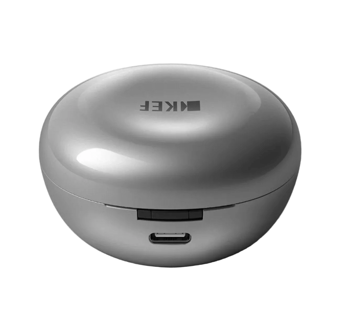KEF Mu3 Noise Cancelling True Wireless Earbuds in Silver Grey, charging case