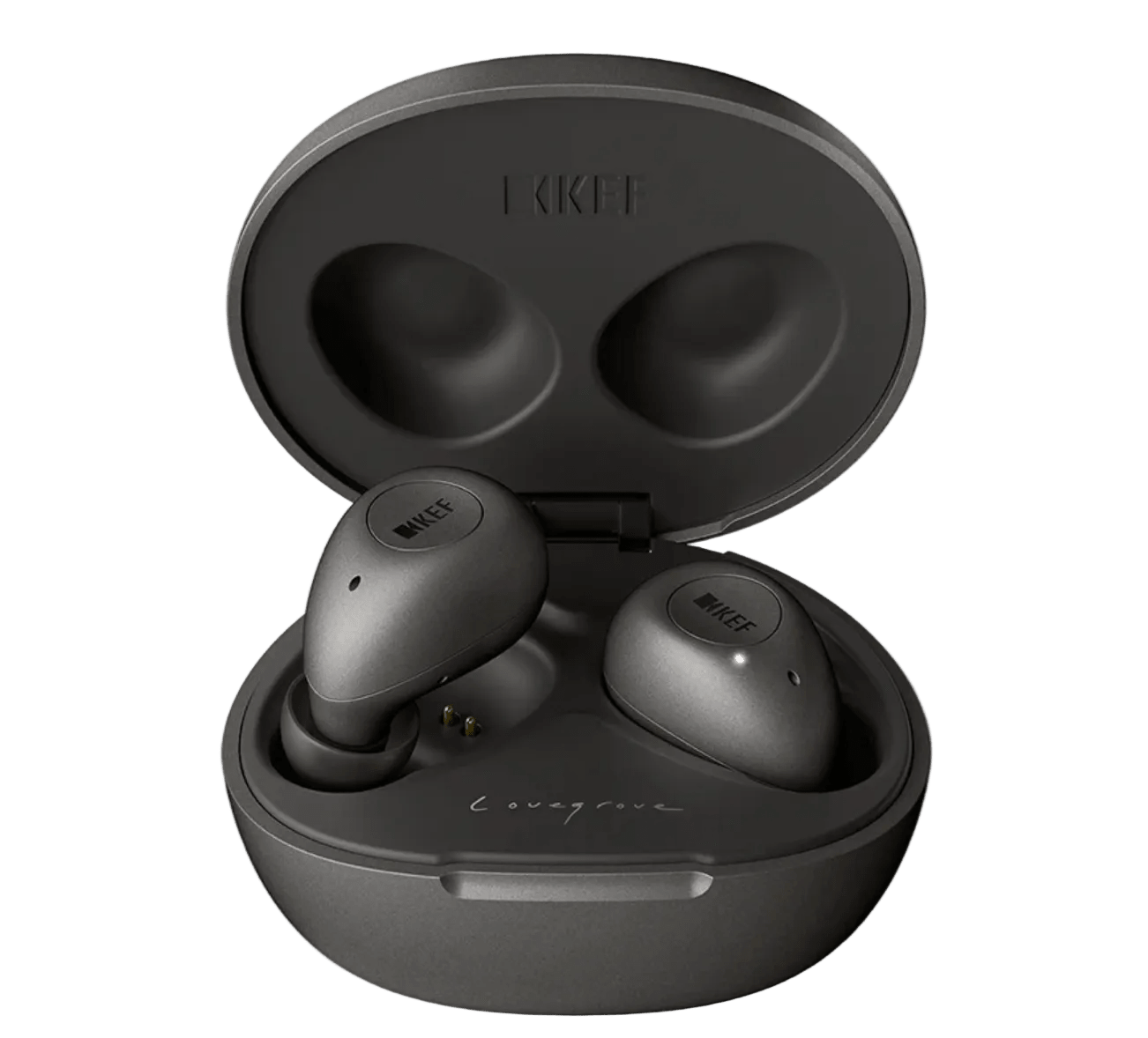 KEF Mu3 Noise Cancelling True Wireless Earbuds in Charcoal Grey, in charging case, popped