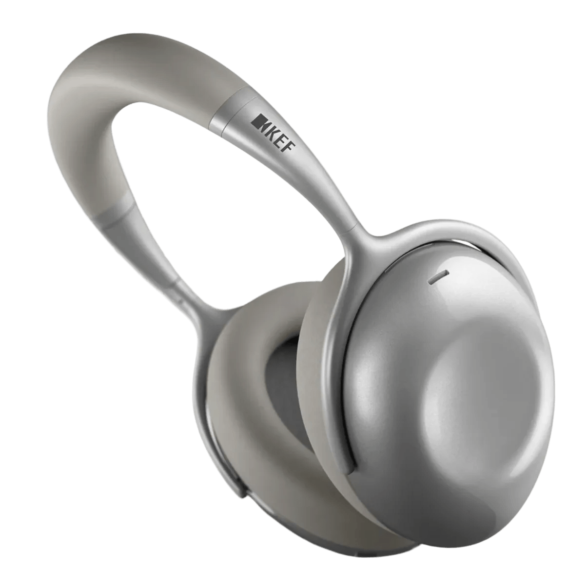 KEF Mu7 Noise Cancelling Wireless Headphones in Silver Grey, angled
