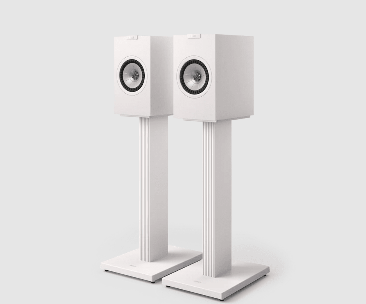 KEF Q1 Meta Compact 2-way Bookshelf Speakers in Satin White, mounted.  Stands sold separately
