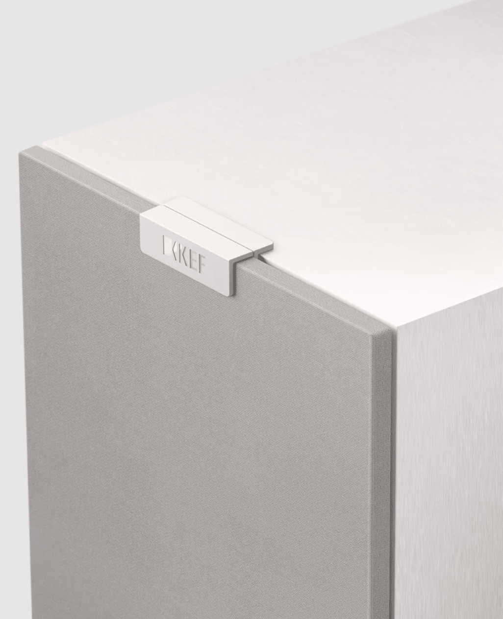 KEF Q11 Meta 3-way Floorstanding Speakers in Satin White, closeup with grille