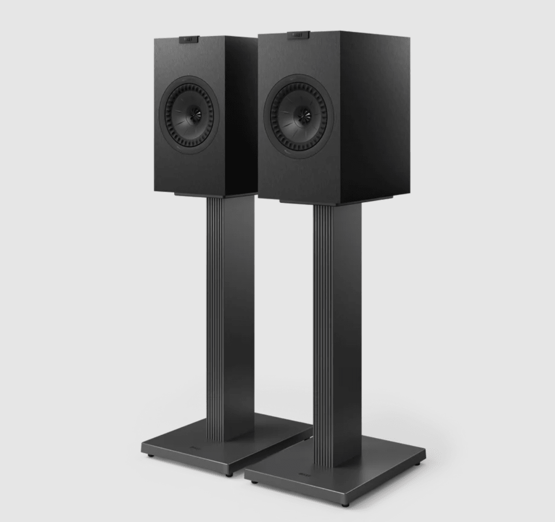 KEF Q3 Meta 2-way Bookshelf Speakers in Satin Black, mounted on SQ1 stands (sold seperately)