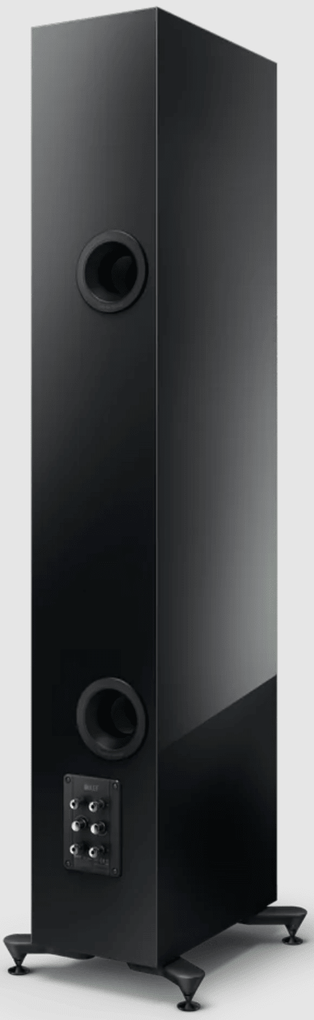 KEF R11 Meta Floorstanding Speakers in Gloss Black, back angled