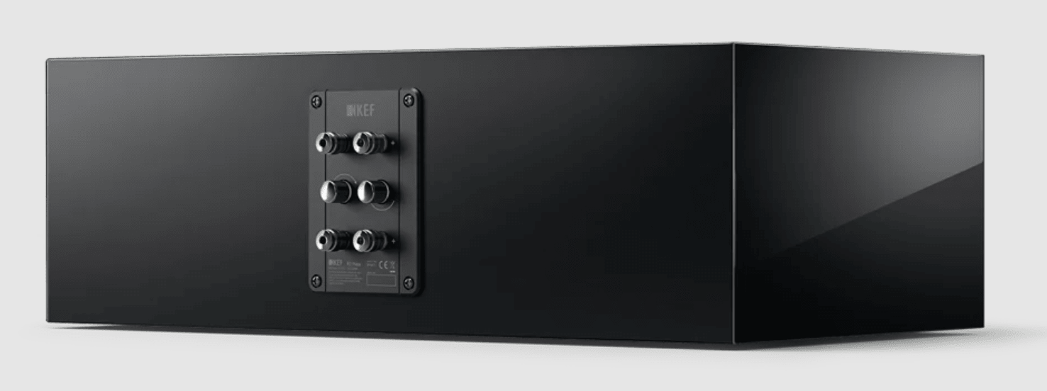KEF R2 Meta Centre Channel Speaker in Black Gloss.  Back on an angle